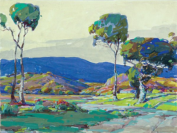 Gouache, Karl Schmidt, Eucalyptus Trees: Framed gouache on paper, Eucalyptus Trees in a Field Near Mountains, by Karl Schmidt (Californian, 1890-1962), signed ''Karl Schmidt'' lower left, image: 9''h x 12''w, overall: 15.625''h x 18.625''w.
