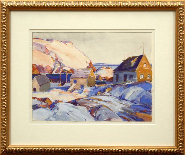 painting, Karl Schmidt, Town Scene: Framed gouache, Town Scene, by Karl Schmidt (Californian, 1890-1962), unsigned, image: 9''h x 12''w, overall: 15.75''h x 18.5''w