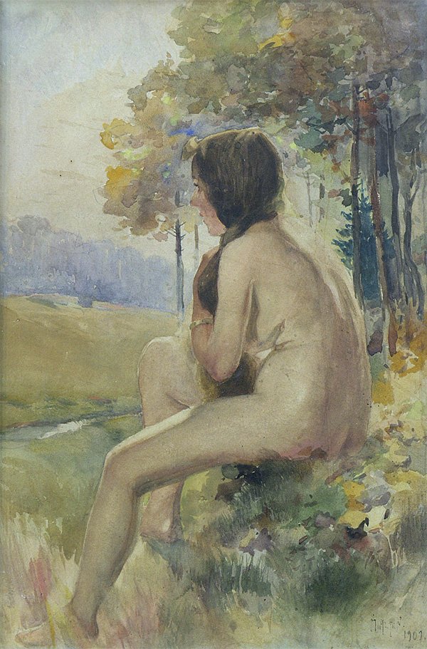 watercolor, Mathias Alten, Nude: Framed watercolor, Seated Nude, by Mathias Alten (Californian, 1871-1938), signed and dated ''M. Alten 1909'' lower right, sight: 19.5''h x 13''w, overall: 23.5''h x 17''w