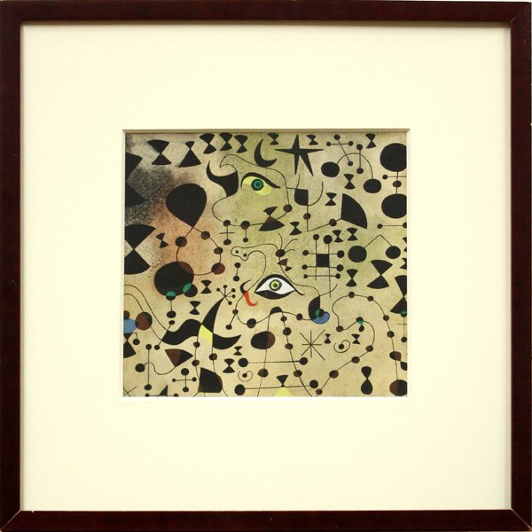 Pochoirs, after Miro, Constellations, 1959: (lot of 3) Framed pochoirs, from ''Constellations'' Suite, (1959) after Joan Miro (Spanish, 1893-1983) printed by Daniel Jacomet, largest sight: 8.25''h x 8.75''w, each overall: 16.625''h x 16.625''w
