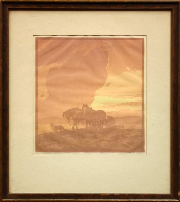 Woodcut, Ernest Watson, Day's End, Horses, Sunset: Framed woodcut in colors, ''Day's End,'' 1925, by Ernest William Watson (American, 1884-1969), signed ''Ernest W. Watson'' lower right, titled, dated and numbered 81/100 lower left, image: 9.5''h x 9.