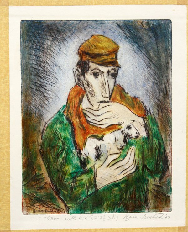 etchings, Boris Deutsch, Man with Kid, 1967: (lot of 3) Etching, aquatint and hand coloring, ''Man with Kid,'' 1967, by Boris Deutsch (Californian, 1892-1978), each plate signed and dated ''Boris Deutsch '67'' lower left, two pencil signed, one 