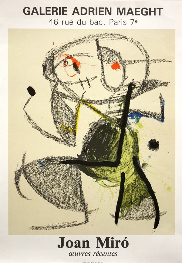 Exhibition Posters, Miro, Galerie Maeght: (lot of 5) Unframed exhibition color lithographs for Joan Miro (Spanish/French, 1893-1983): ''oeuvres graphiques'' at Galerie Adrien Maeght, published by Imprimerie Arte Paris, sheet: 25.25''h x 19.25