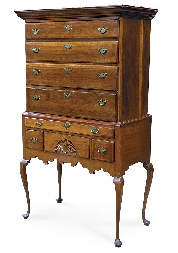 American cherry Queen Anne flat top highboy: American cherry Queen Anne flat top highboy, mid 17th century, possibly Connecticut River Valley, graduated long drawer top section, fan carved base rising on cabriole legs ending in pad feet, 70''h x