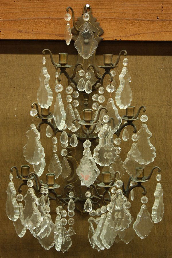 Louis XV style bronze nine light candle sconces: Pair of Louis XV style bronze nine light candle sconces with crystal drops, 32''h (one sconce needs repair, one lacking branch)