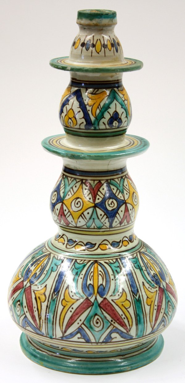 Moroccan faience pottery gourd form vase: Moroccan faience pottery gourd form vase with polychrome decoration, 18.5''h