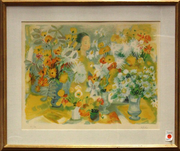 Lithograph Beauty Flowers Le Pho: Framed lithograph, Beauty Among the Flowers, by Le Pho (French, 1907-2001), signed ''Le Pho'' lower right, numbered 80/120 lower left, overall: 28''h x 32''w
