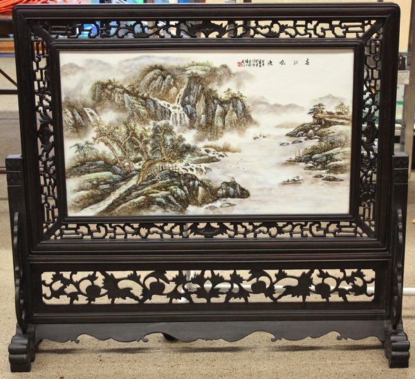Chinese Polychrome Enamel Decorated Plaque: Chinese polychrome enamel decorated porcelain plaque, featuring a riverside mountain landscape entitled 'chun jiang xiao zhang' (=rising of a spring lake), bears signature 'Wang Yeting' (possibly Wang