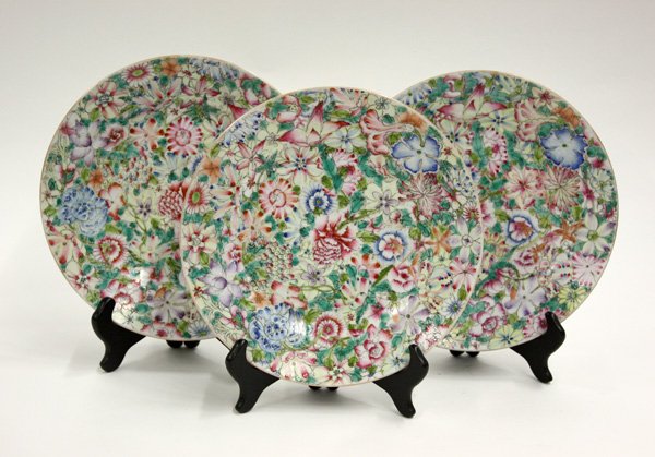 Chinese Millefleur Plates: (lot of 3) Chinese polychrome enamel decorated plates, the interior well and rim painted with a dense millefleur pattern, exterior accented with floral sprays, six-character Guangxu mark to recessed b