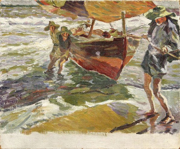 Painting style of Armin Hansen: Unframed oil on burlap, Fishermen Bringing in their Boat, in the style of Armin Carl Hansen, unsigned, Overall: 15''h x 18.5''w