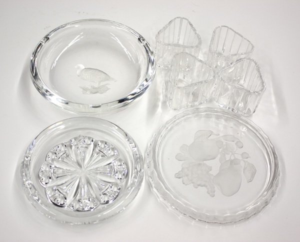 Art glass table articles: (lot of 7) Art glass consisting of Val St. Lambert ashtray with a central partridge 1.5'h x 6''diam., and a trivet decorated with an etched fruit still life .75''h x 5.5'' diam.; together with a Bacca