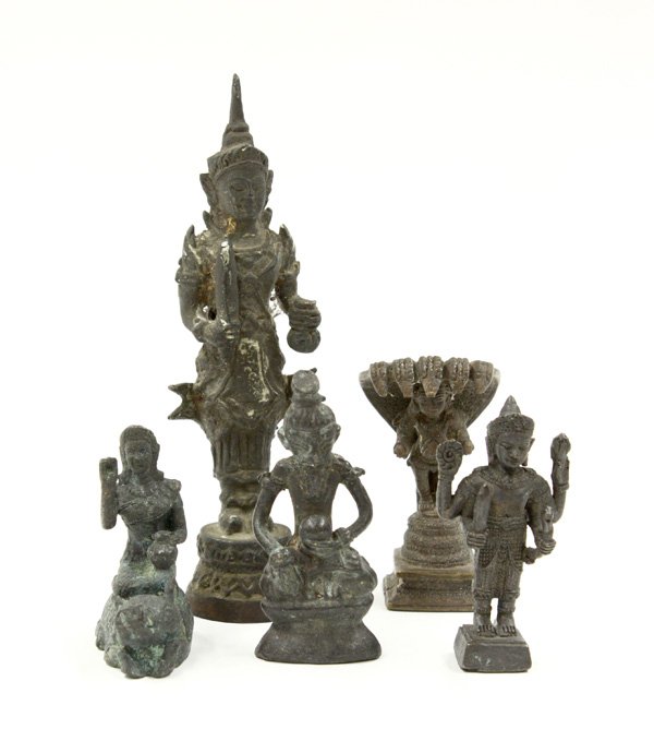 Indian & Southeast Asian Bronze Figures: (lot of 5) Group of Indian and Southeast Asian bronze and copper alloy figurines featuring various deities, tallest 5.25''