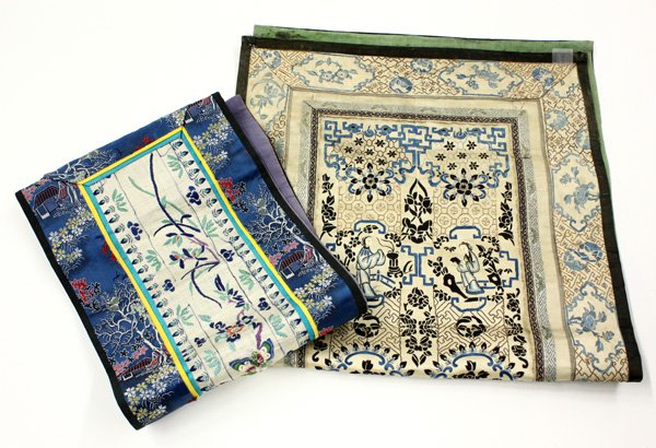 Chinese Sleeve Bands: (lot of 2) Chinese embroidered sleeve bands, one depicting reserves of beauties and flowers on a patterned cream colored silk ground accented by metallic couching, together with another with bright bl