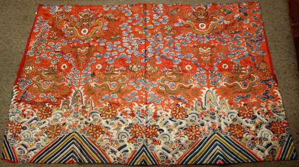 Chinese Textile, Dragon: Chinese silk textile panel, Qing dynasty, featuring metallic couched five-claw dragons meandering on a red silk ground scattered with embroidered cloud scrolls, Peking knotted peonies and auspicious o