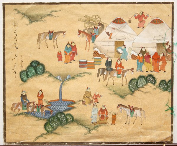 East Indian and Mongolian Miniature Paintings: (lot of 3) Indian and Mongolian paintings, the first a small Indian manuscript page with figures in a landscape bracketed by text; a Mongolian painting of a camel in a landscape; the last a Mongolian 