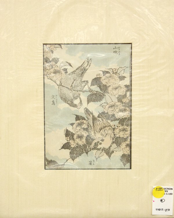 Japanese Woodblock Printed Book Plates, Hokusai: (lot of 4) Unframed Japanese woodblock printed single bookplates, each matted and from a volume by Hokusai, one depicting an old man, the others of insects or birds amid flowering plants, some with sh