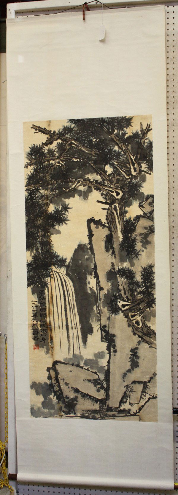 Chinese Scroll, after Pan Tianshou, Pine: Chinese scroll painting, Pine and Waterfall, after Pan Tianshou (1897-1971), ink and color on paper, the left with a five character couplet, dated 'yi jiu liu yi nian' (=1961), bears the signature 'Sh