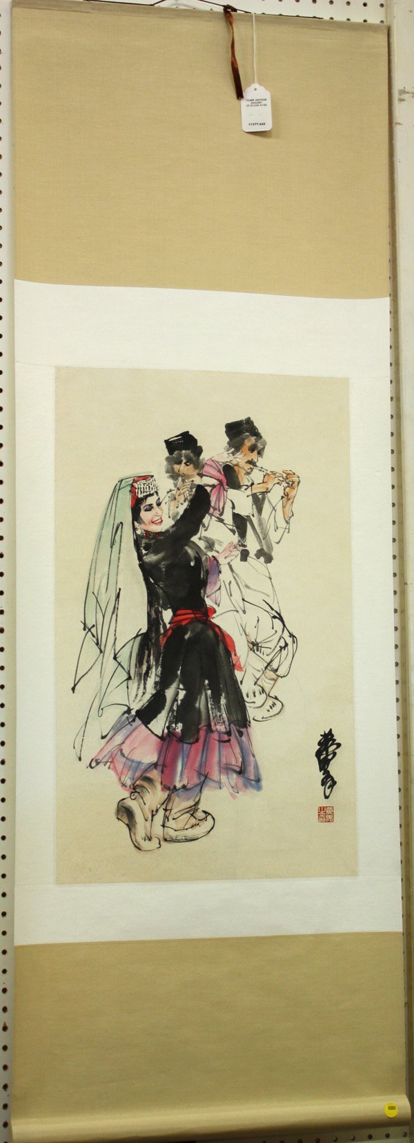 Chinese Scroll, after Huang Zhou, Dancer: Chinese hanging scroll painting, Dancer and Musicians, after Huang Zhou (1925-1997), ink and color on paper, lower right bears signature 'Huang Zhou' and seal 'Huang Zhou zhi yin', overall: 61.25''h x