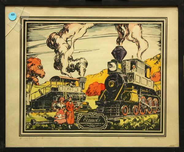 Woodcut, Otto Kuhler, Camels, Trains: Framed handcolored woodcut, Ross Winan's Camels, Baltimore & Ohio RR 1848, c.1930, by Otto Kuhler (American, 1894-1976), signed lower right, inscribed lower left, labels affixed verso, overall: 17.25'