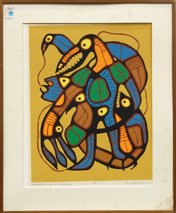 Print, Norval Morrisseau, Metamorphosis,Thunderbi: Framed serigraph, ''Metamorphosis - Man into Thunderbird,'' by Norval Morrisseau (Canadian, 1932-2007), signed lower right, titled lower left, numbered center, overall: 31''h x 25.5''w