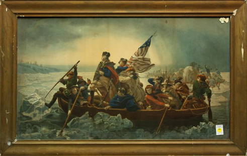 Engraving, Washington Crossing the Delaware: Framed handcolored engraving, Washington Crossing the Delaware, (1853), after Emanuel Gottlieb Leutze (German/American, 1816-1868), overall: 27.5''h x 43.25''w