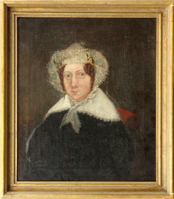 Painting, Woman in a Lacy Bonnet, Blue Flowers: Framed oil on canvas, Portrait of Woman in a Lacy Bonnet Decorated with Embroidered Blue Flowers, unsigned, perhaps early 19th Century, overall: 17''h x 15''w