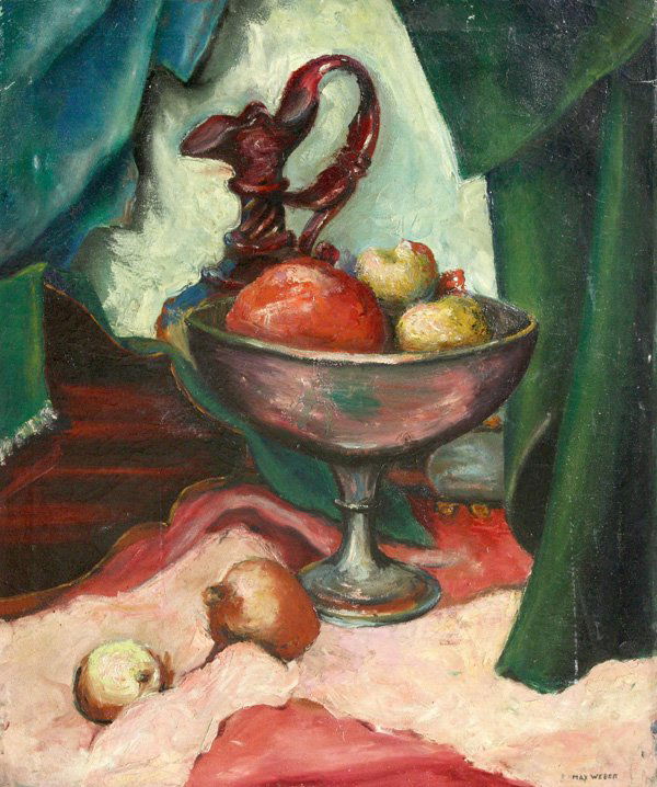 Painting, Still Life, in the manner of Max Weber: Unframed oil on canvas, Still Life with Fruit in Pedastal Bowl,'' in the manner of Max Weber (American, 1881-1961), bears signature ''Max Weber '18'' lower right, inscribed verso, overall: 24''h x 20'