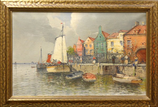 Painting, F. Wagner, Oceanside: Framed oil on canvas, 19th Century Dutch Port Scene, signed ''F. Wagner'' lower right, overall: 18''h x 26.5''w