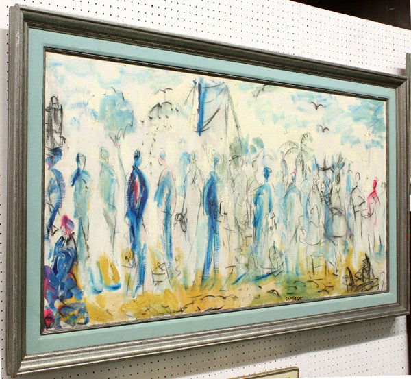 painting, Pascal Cucaro, Figures: Framed oil on canvas, Figures in elegant dress promenading with palm trees and birds, by Pascal Cucaro (American, 1915-2004), signed lower center, overall: 38''h x 68''w