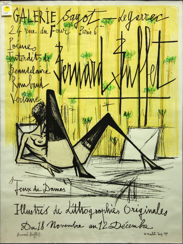 Exhibition Poster, Bernard Buffet, Jeux de Dames: Framed lithograph, Galerie Sagot Le Garrec (Jeux de Dames) exhibition poster, 1970, published by Mourlot, bears pencil signature ''Bernard Buffet'' lower left, overall: 30.5''h x 23''w