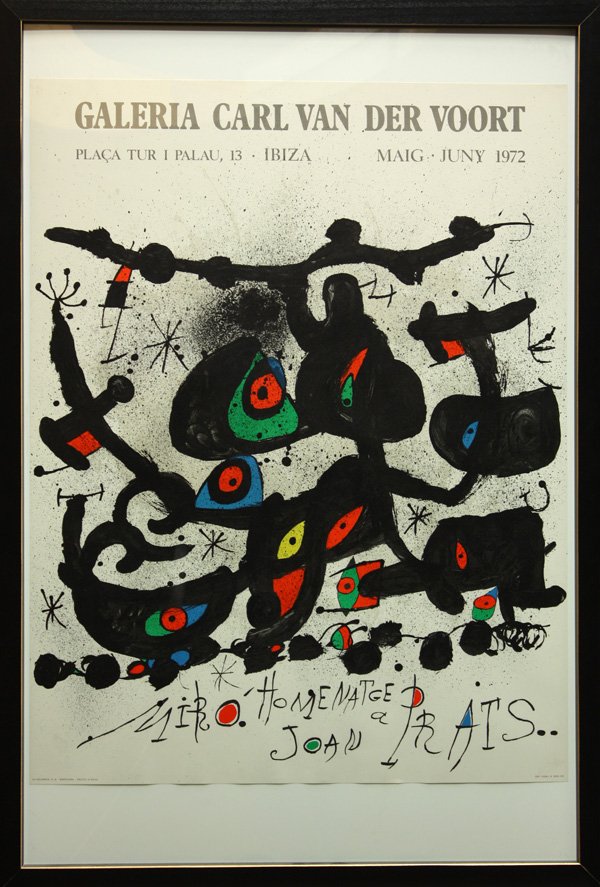 Litho, Miro, Homenatge a Joan Prats, Exhibition: Framed color lithograph exhibition poster, ''Miro Homenatge a Joan Prats,'' at Galeria Carl van der Voort in Ibiza, published by La Poligrafa, S.A., 1971, overall: 37.75''h x 25.75''w