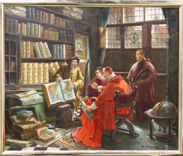 painting, Adolf Nauer, German, Cardinal: Framed oil on canvas, Cardinal with Maps and Explorer, by Adolf Nauer (German, 1893-1966), signed ''A. Nauer'' lower right, stamped verso, overall: 20''h x 23.5''w