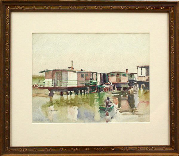 Watercolor, Seascape, William Ross Cameron: Framed watercolor, ''Alameda House Boats,'' 1933, by William Ross Cameron (Californian, 1893-1971), pen signed lower left, pencil initialed lower right, titled and dated verso, sight: 8 2/8''h x 10 7/