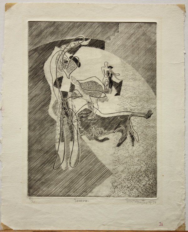Etching, Stanley Hayter, Torero, DAM: Unframed etching, ''Torero,'' 1933, by Stanley William Hayter (American, 1901-1988), signed ''SW Hayter 29-33'' lower right, titled center, numbered 17/30 lower left, plate: 10.5''h x 7.75''w, overall