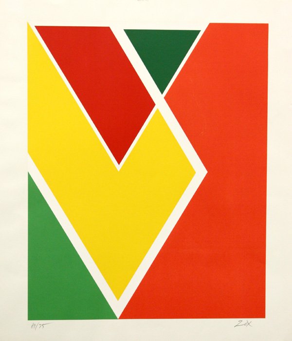 serigraphs, Larry Zox, Green, Red, Yellow: (lot of 2) Unframed serigraphs by Larry Zox (American, 1937-2006), each pencil signed lower right and numbered ''69/75'' lower left, each overall: 25.25''h x 21.75''w