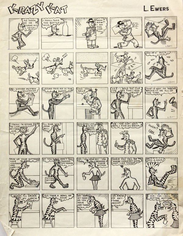 Original comic strips, Lilly Ewers, Krazy Kat: (lot of 14) Original ink comic strips by Lilly Ewers, including Krazy Kat, The Ghost and his Wife, Jack Fat and others together with two unframed gouache paintings of a Girl Playing the Mandolin and S