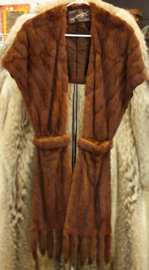 Vintage fur articles: (lot of 6) Group of Vintage fur articles including a brown mink fur collar, together with a long brown mink stole adorned with flanking pockets