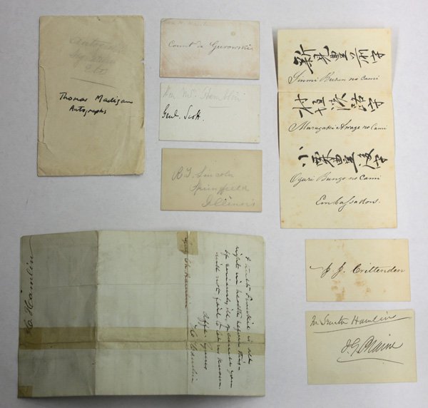 Collection of calling cards: (lot of 8) Collection of calling cards from various personages associated with the Hamlin family, including cards from Robert Todd Lincoln (Abe Lincoln's son), Count de Gurowski, and others