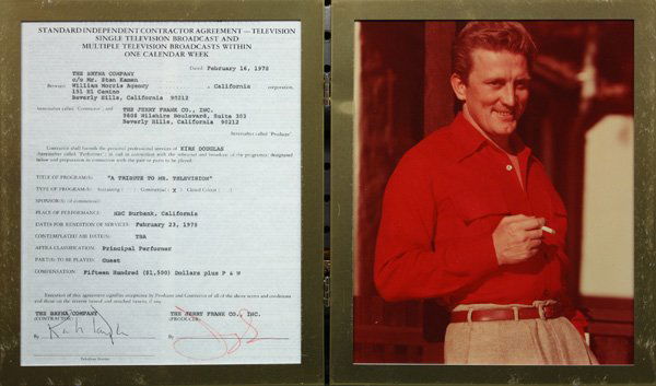 Kirk Douglas signature and photo: Kirk Douglas signed William Morris contract ''A Tribute To Mr. Television'' with photo