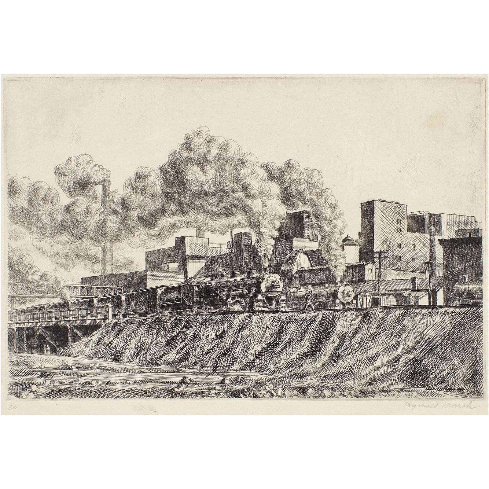 Print, Reginald Marsh: Reginald Marsh (American, 1898-1954), "Erie R.R. and Factories," 1930, etching, pencil signed lower right, dated lower left, final state, signed and dated in plate lower right, image: 8"h x 11.75"w, o