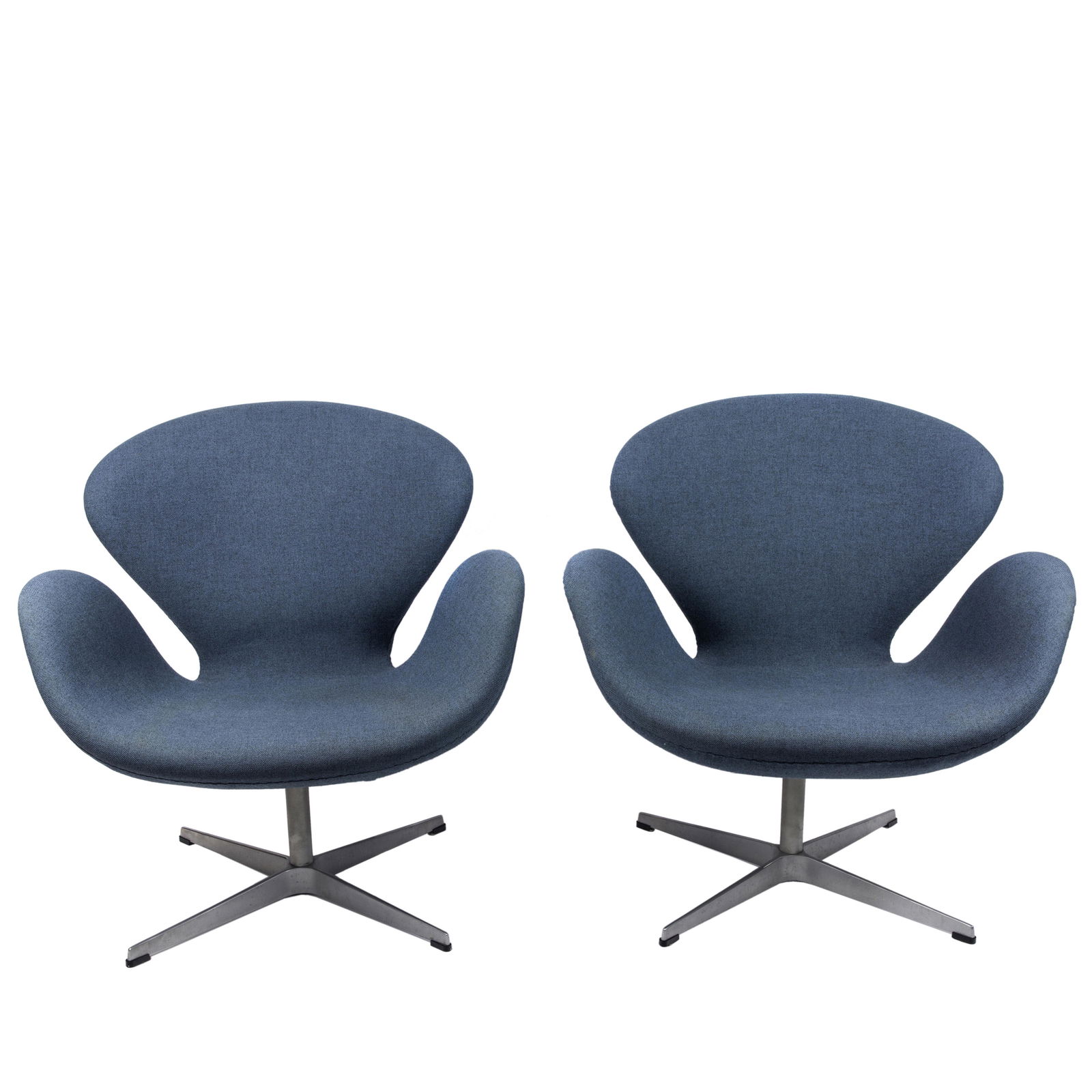 A pair of Arne Jacobsen for Fritz Hansen Swan chairs: A pair of Arne Jacobsen for Fritz Hansen Swan chairs, each having a blue upholstered seat and back and rising on a chrome propeller base, marked Fritz Hansen Made in Denmark 2001, 33"h