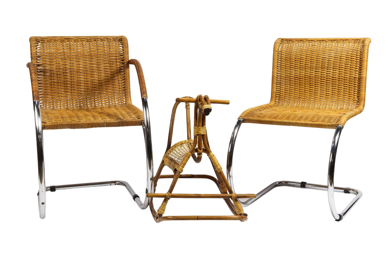 (Lot of 3) After Mies Van Der Rohe MR-20 armchair and: (Lot of 3) After Mies Van Der Rohe MR-20 armchair and side chair, 31"h, each executed in chromed steel, and rattan, together with a rattan rocking horse