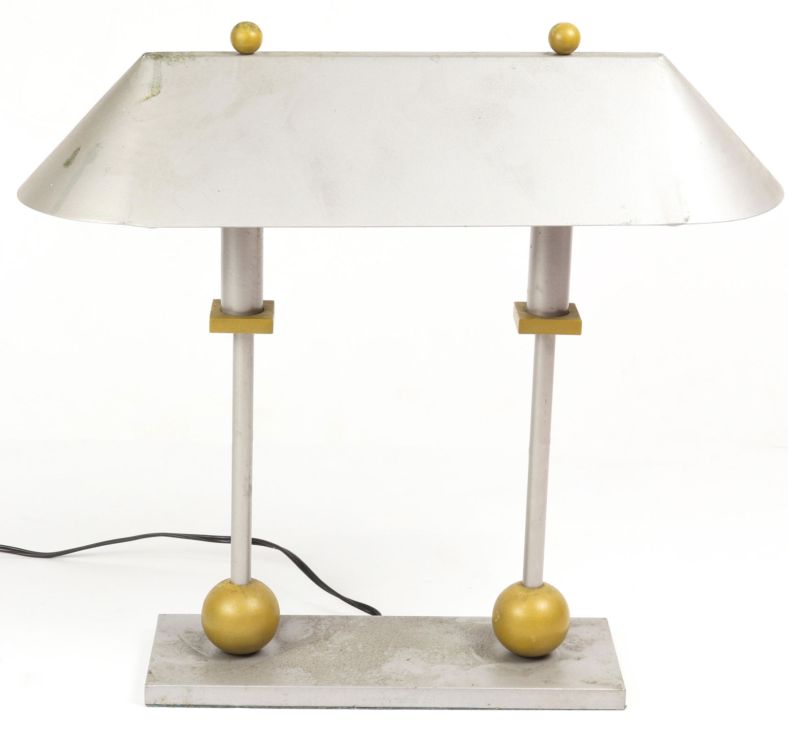 A Memphis style George Kovacs desk lamp: A Memphis style George Kovacs desk lamp, having a chromed shade, above two lights, 17"h x 18"w