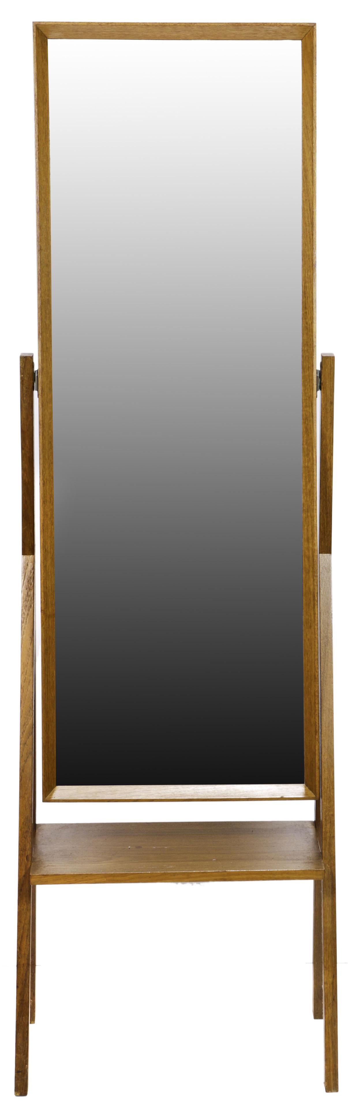 A Danish Modern style hinged mirror on stand: A Danish Modern style hinged mirror on stand, in the manner of Arne Vodder, 61"h x 18.5"w x 12.5"d