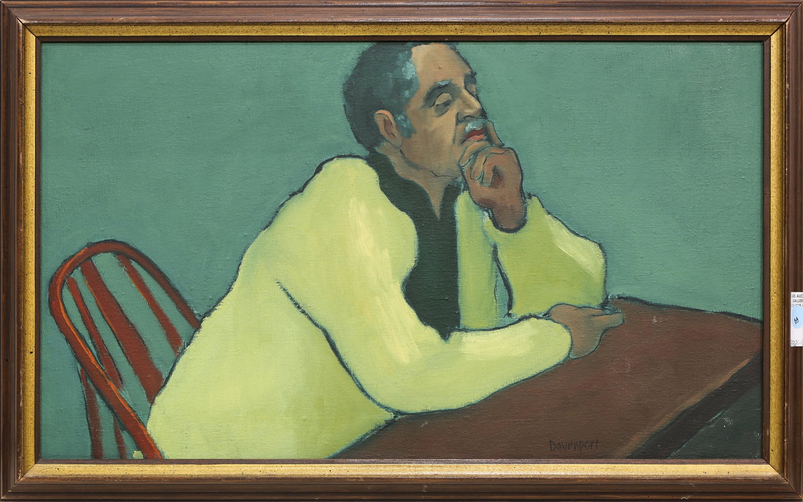 Painting, Jill Davenport: Jill Davenport (American, 20th century), "Dan," oil on canvas, signed lower right-center, titled verso, overall (with frame): 17"h x 26.5"w
