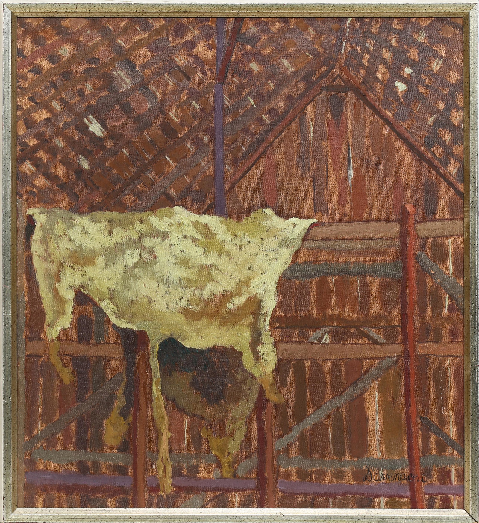 Painting, Jill Davenport: Jill Davenport (American, 20th century), "Hides in Barn," oil on canvas, signed lower right, titled verso, overall (with frame): 23.75"h x 21"w