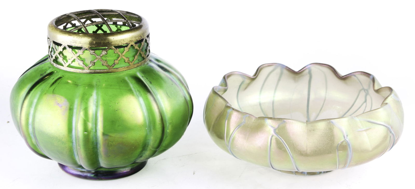 (lot of 4) Loetz type iridescent glass table articles (1 of 2)