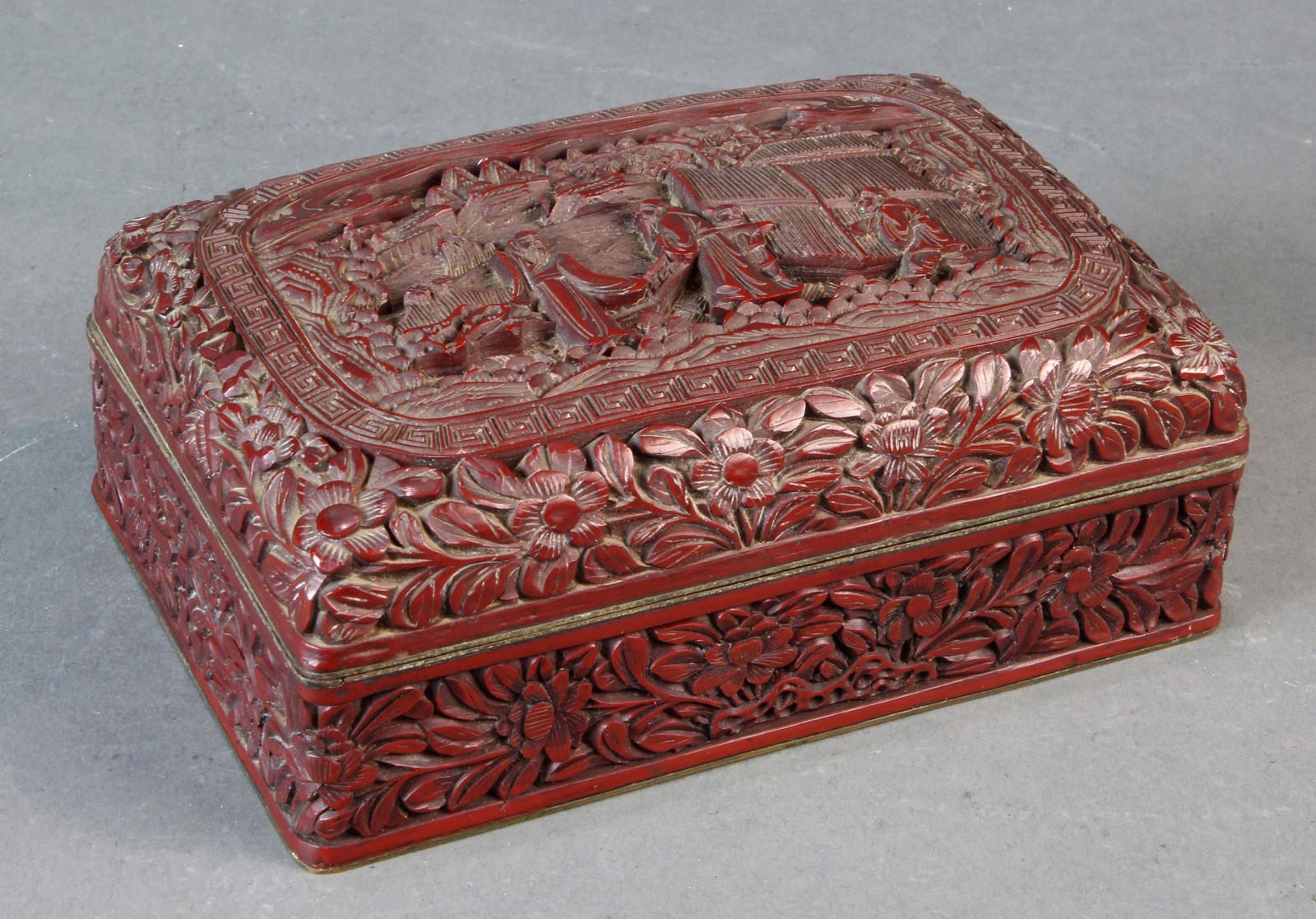 Chinese cinnabar lacquer box with landscape vignette, (1 of 1)