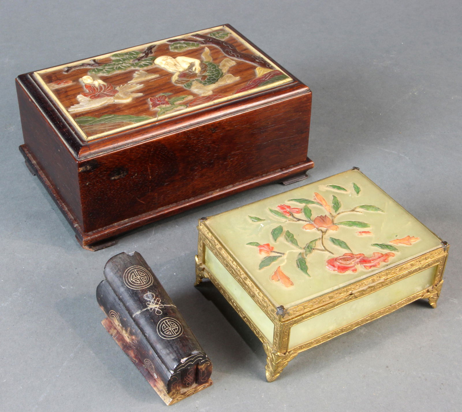(lot of 3) Chinese stone inlaid boxes: incl game box (1 of 1)