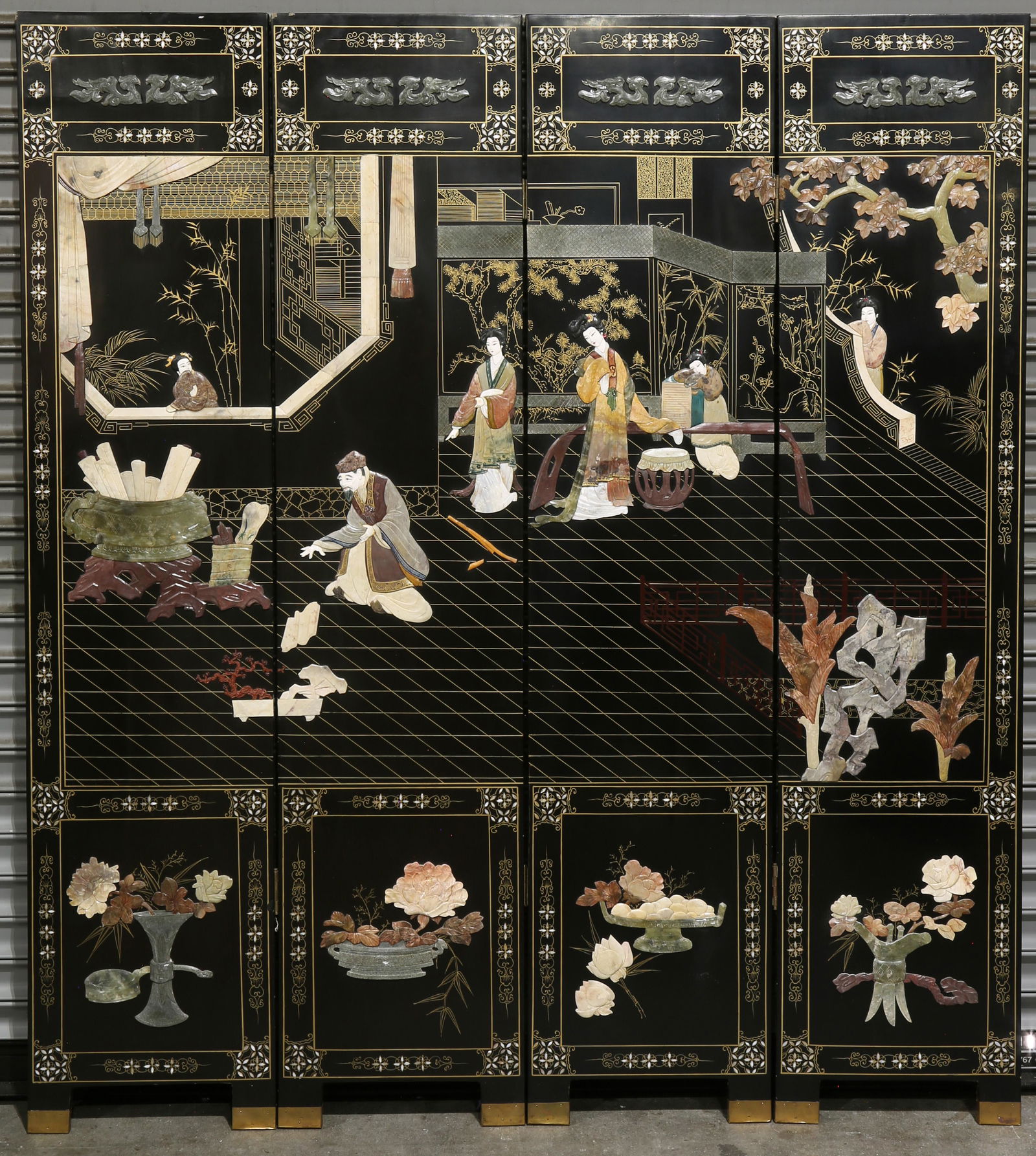 Chinese stone and composition inlaid figural four panel (1 of 1)